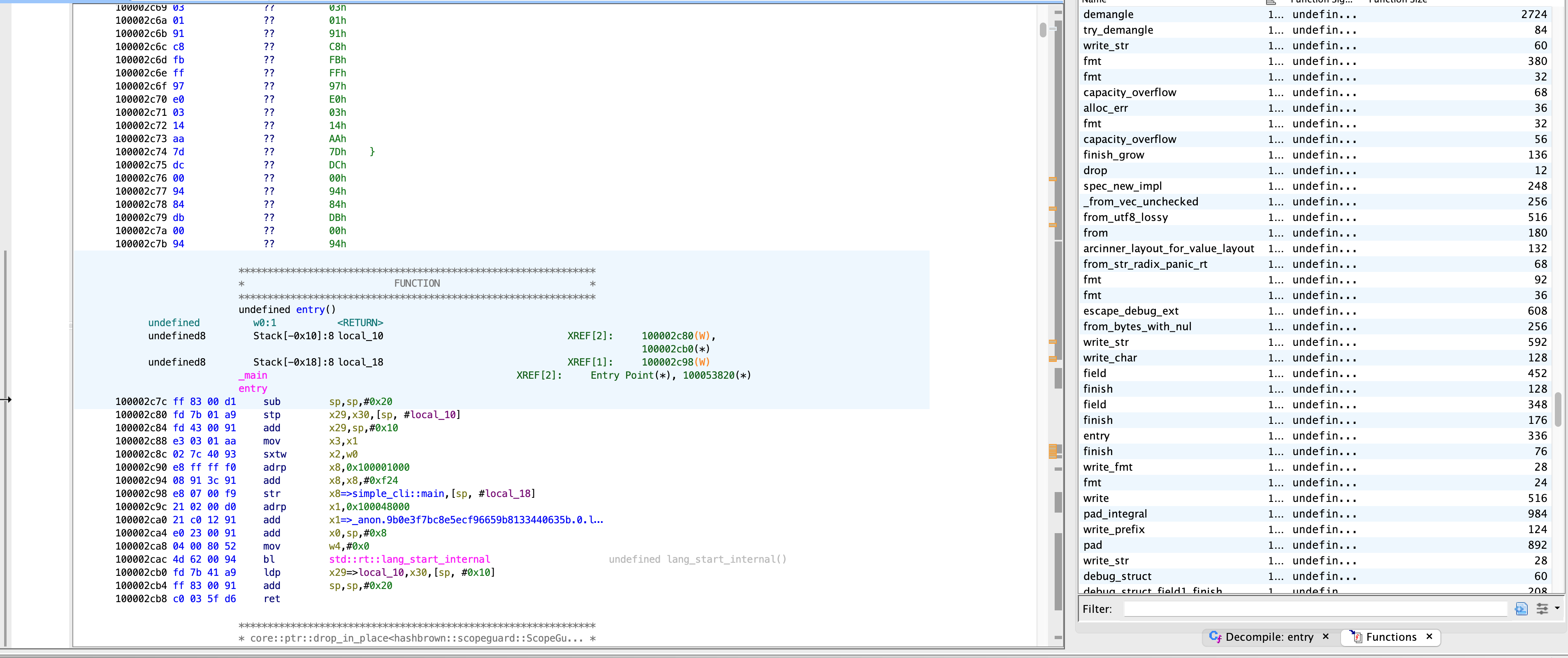 Non-stripped binary in Ghidra